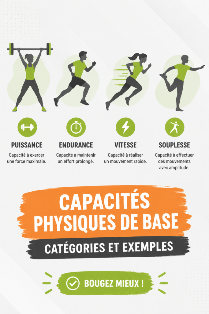 Illustration montrant différentes capacités physiques comme la force et l'endurance.