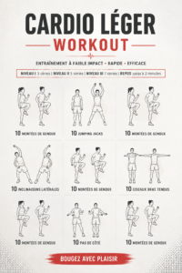 Femme de 40 ans pratiquant un cardio léger chez elle avec des mouvements simples.