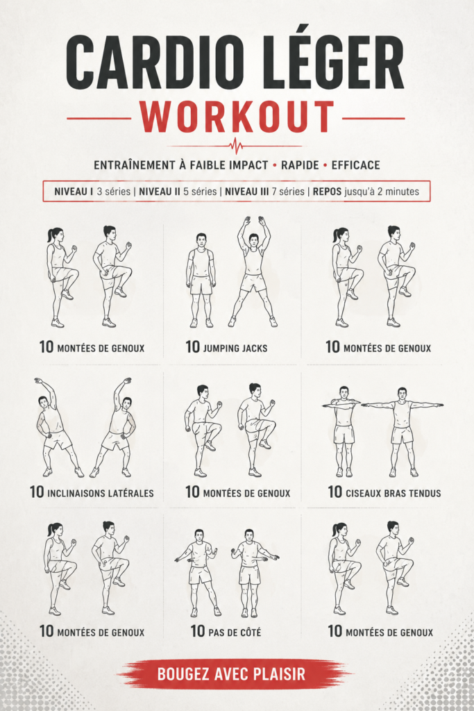 Femme de 40 ans pratiquant un cardio léger chez elle avec des mouvements simples.