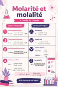 Illustration de concepts de molarité et molalité en chimie avec des solutions colorées