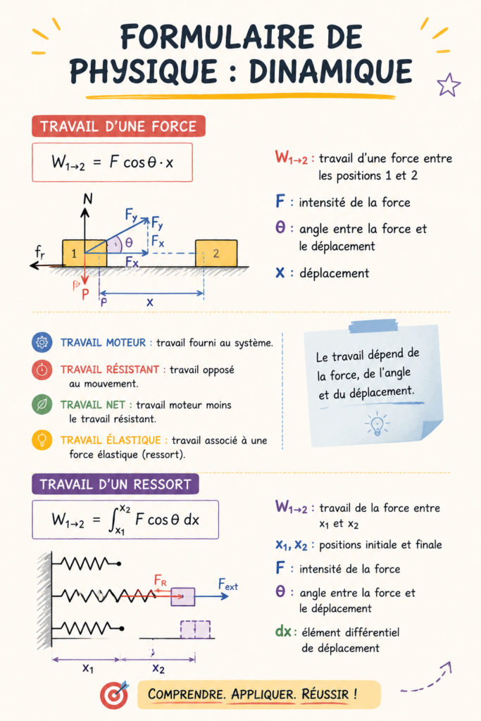 Un tableau montrant les formules de dynamique en physique, avec des exemples visuels.