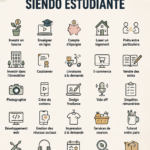 Étudiante assise à son bureau, travaillant sur son ordinateur tout en prenant des notes, cherchant un moyen de gagner de l'argent.