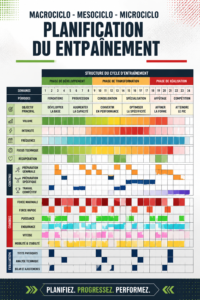 Illustration des cycles d'entraînement montrant le macrocyle, le mésocycle et le microcycle pour un plan d'entraînement équilibré.