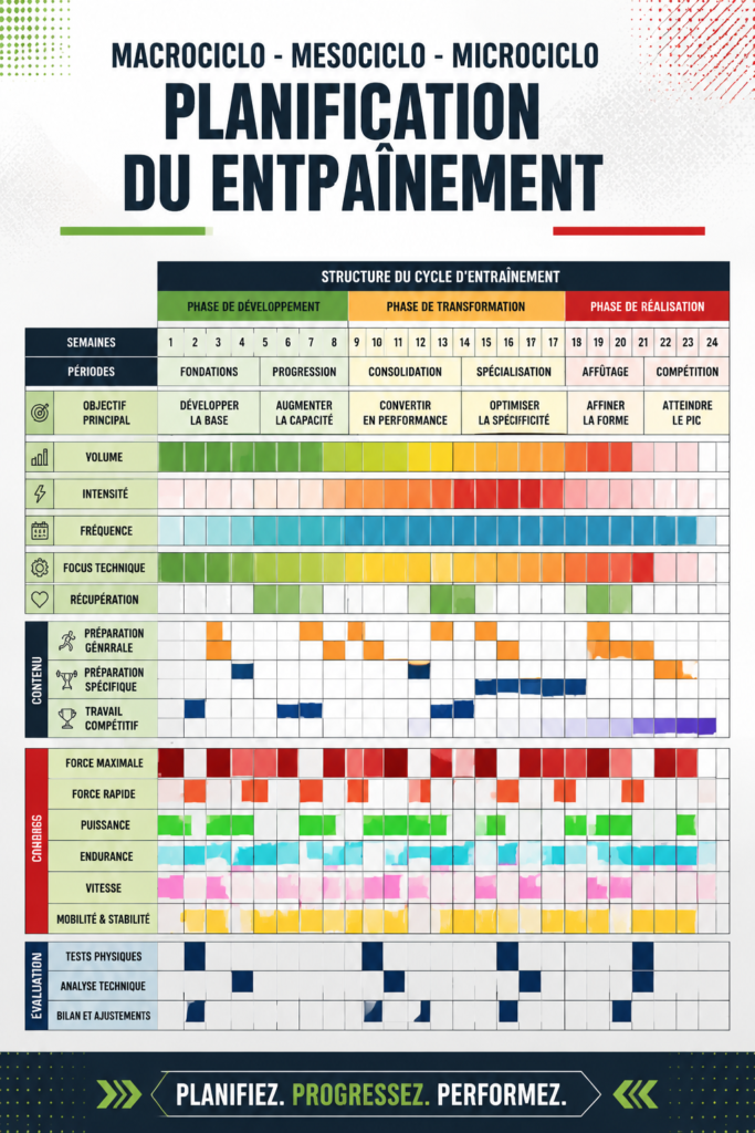 Illustration des cycles d'entraînement montrant le macrocyle, le mésocycle et le microcycle pour un plan d'entraînement équilibré.