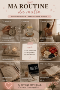Femme souriante profitant d'une routine matinale bien-être avec thé et fleurs