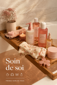 Une femme se détend dans un coin cosy de sa maison avec une tasse de thé, symbolisant le self-care.