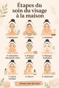 Femme pratiquant un soin du visage à la maison avec des produits naturels.