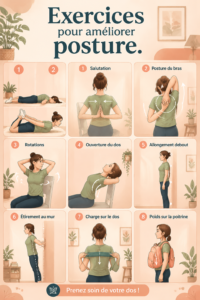 Femme effectuant des exercices pour améliorer sa posture dans un salon lumineux