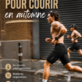 Femme courant dans un parc en automne avec des feuilles tombées autour, portant des vêtements de sport adaptés.