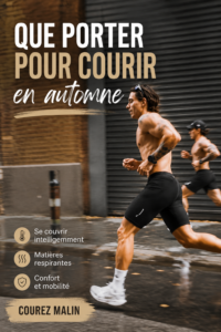 Femme courant dans un parc en automne avec des feuilles tombées autour, portant des vêtements de sport adaptés.