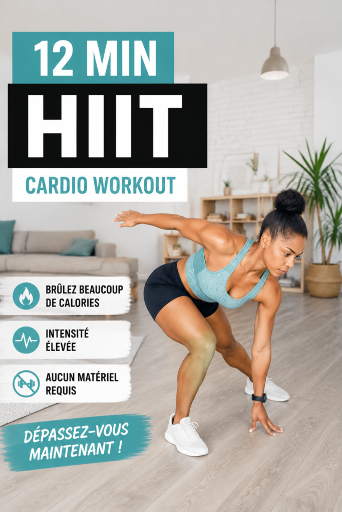 Femme pratiquant un entraînement HIIT de 12 minutes à domicile, sans équipement.