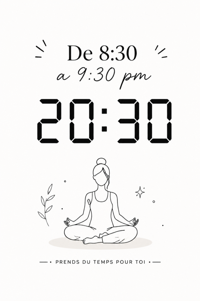 Femme qui s'entraîne le soir, de 20h30 à 21h30, sur un tapis de yoga.