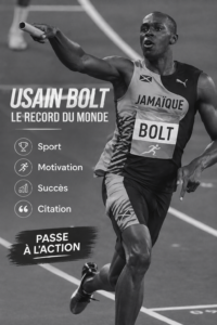 Portrait d'Usain Bolt lors d'une compétition, symbole de réussite sportive.