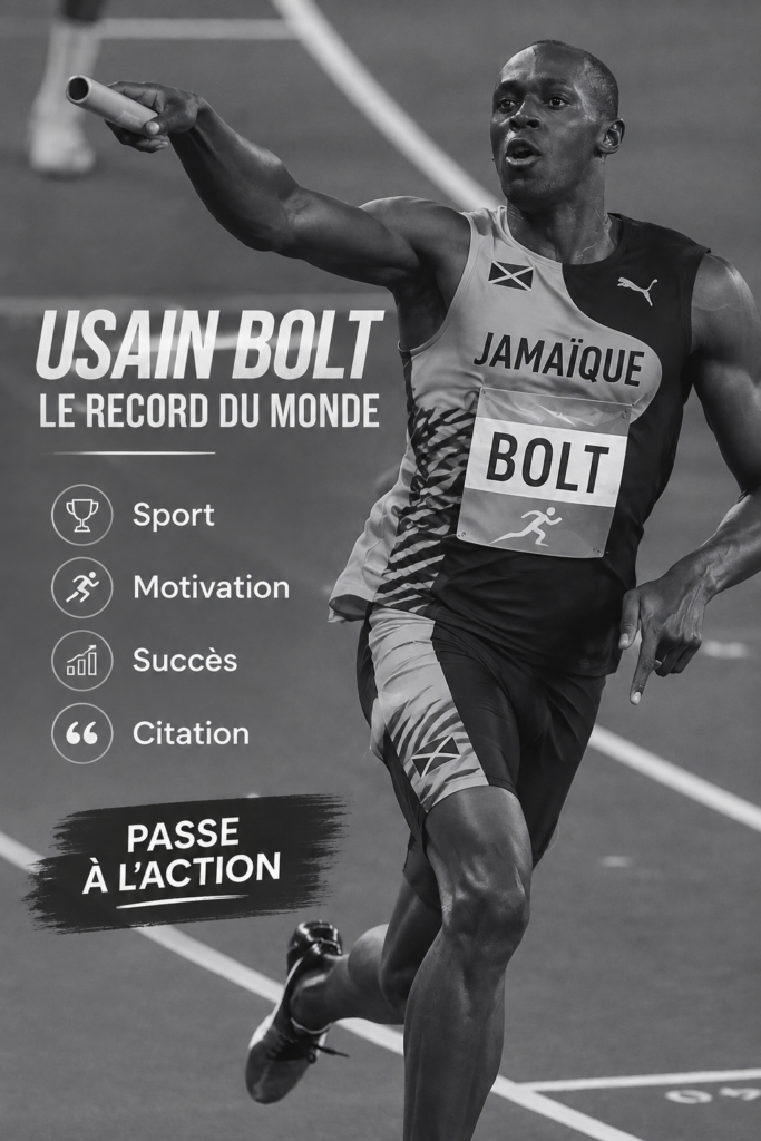 Portrait d'Usain Bolt lors d'une compétition, symbole de réussite sportive.