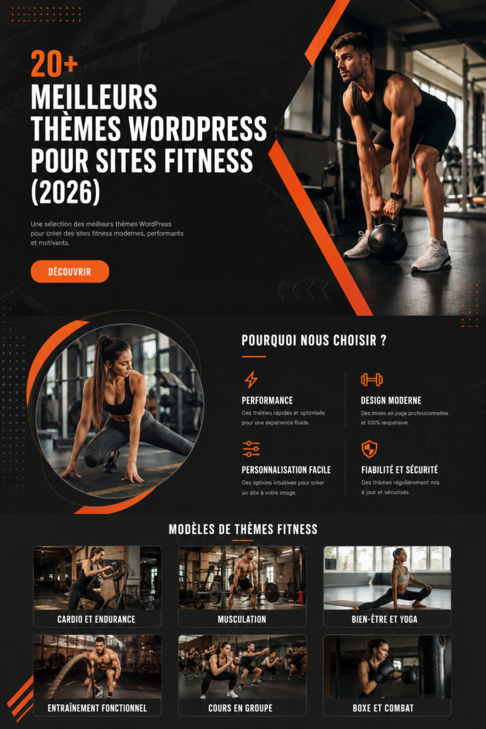 Capture d'écran d'un site de fitness utilisant un thème WordPress moderne.