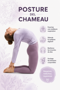 Femme pratiquant la posture du chameau en yoga sur un tapis, dans un cadre paisible.