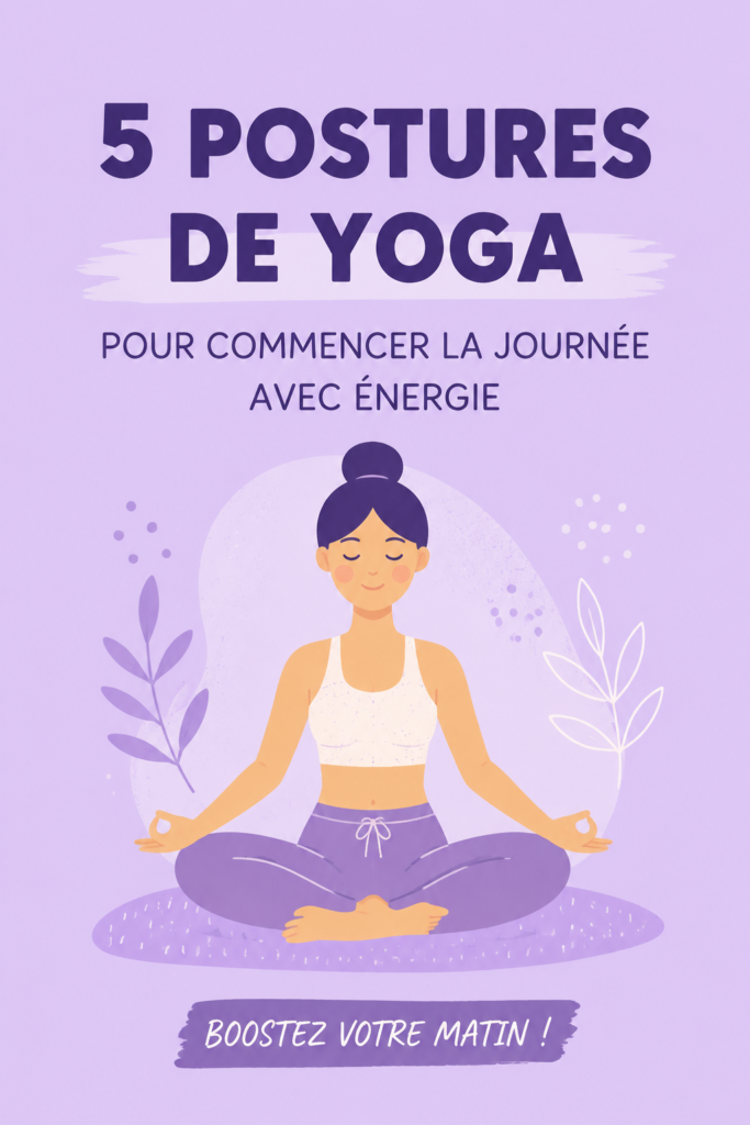 Femme pratiquant des postures de yoga au lever du soleil sur une plage, symbole de bien-être et d'énergie matinale