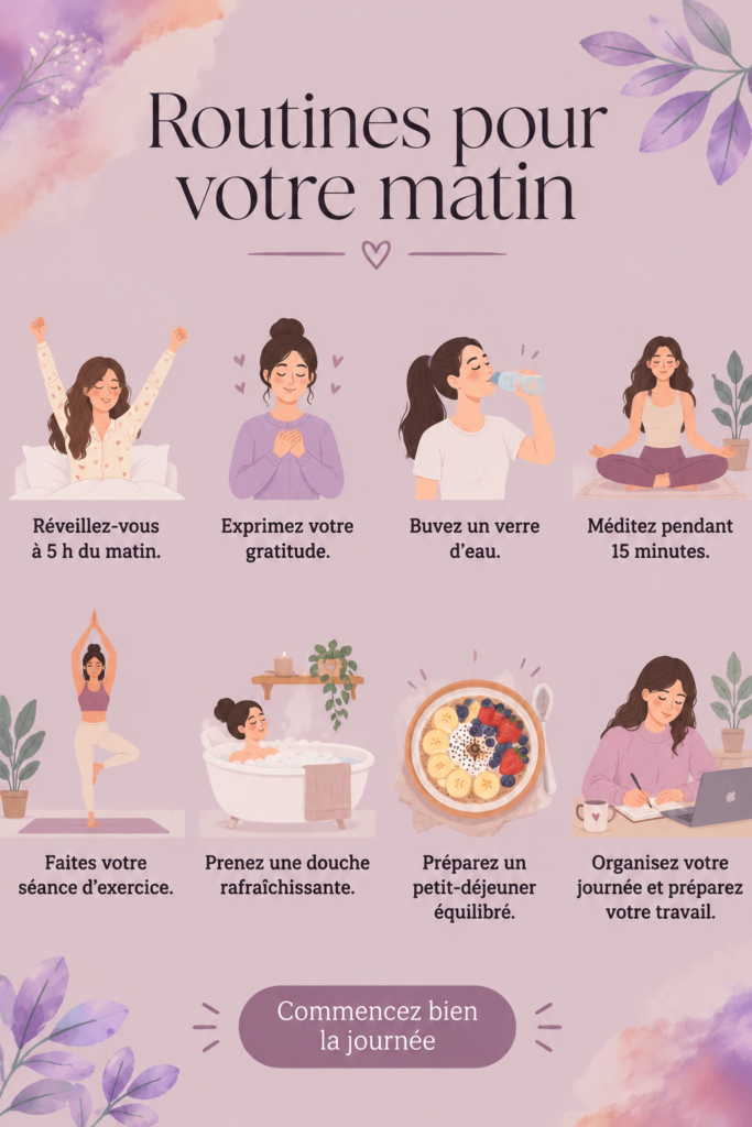 femme faisant du yoga le matin sur un tapis avec un sourire