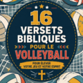 Illustration de femmes jouant au volleyball avec des versets bibliques en arrière-plan