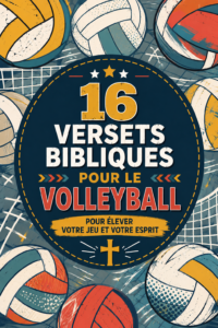 Illustration de femmes jouant au volleyball avec des versets bibliques en arrière-plan