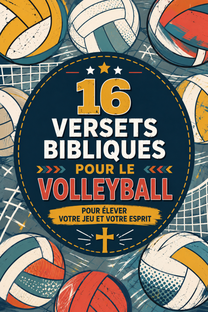 Illustration de femmes jouant au volleyball avec des versets bibliques en arrière-plan