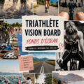 Une femme souriante regarde son vision board triathlon avec des images d'objectifs sportifs.