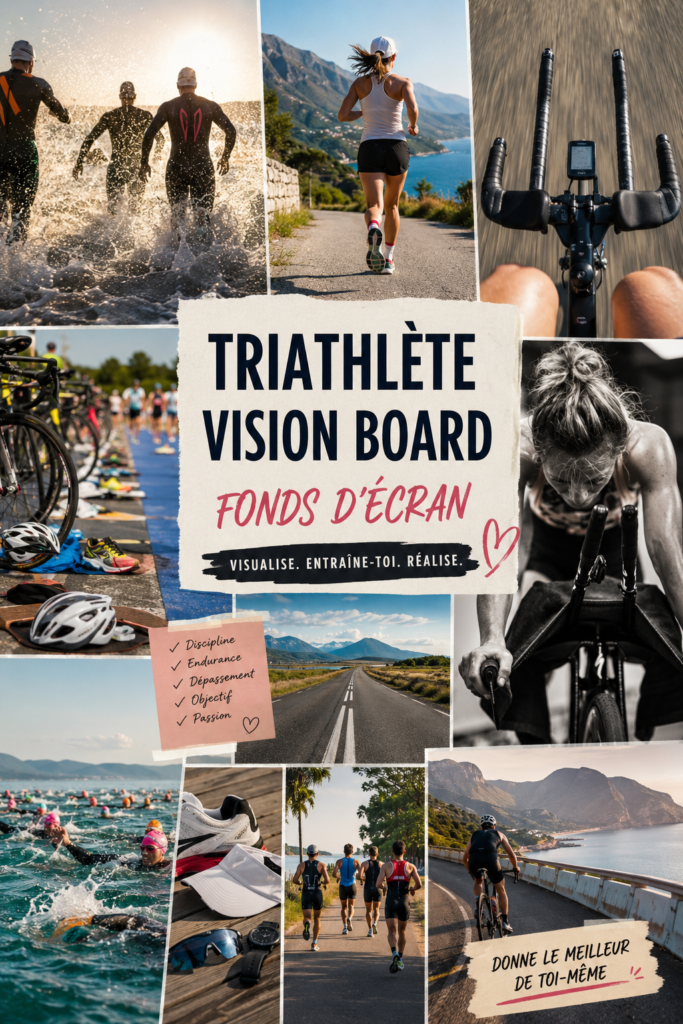 Une femme souriante regarde son vision board triathlon avec des images d'objectifs sportifs.