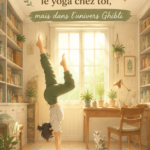 Femme pratiquant le yoga dans un décor féerique inspiré de Ghibli.