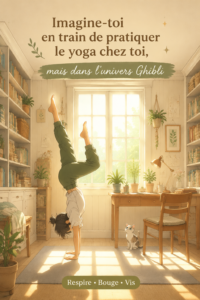 Femme pratiquant le yoga dans un décor féerique inspiré de Ghibli.