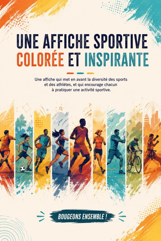 Affiche colorée représentant divers sports et athlètes inspirants