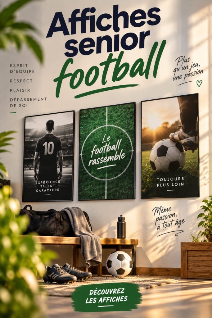 Une affiche de football dans le salon d'un senior, soulignant sa passion pour le sport.