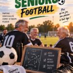 Affiche colorée de football pour soirée seniors avec des éléments festifs