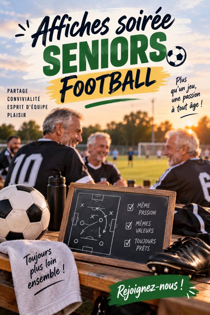 Affiche colorée de football pour soirée seniors avec des éléments festifs