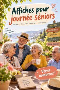 Affiche colorée pour célébrer la journée seniors avec des éléments joyeux et festifs.