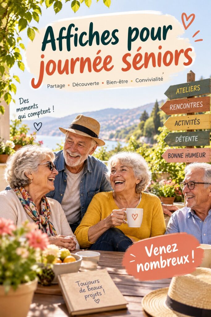 Affiche colorée pour célébrer la journée seniors avec des éléments joyeux et festifs.