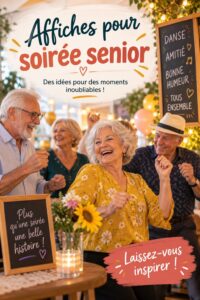 Affiches colorées et créatives pour soirées seniors mises en avant lors d'une fête.