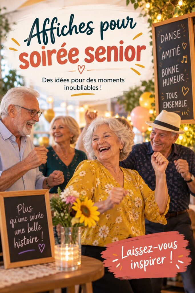 Affiches colorées et créatives pour soirées seniors mises en avant lors d'une fête.