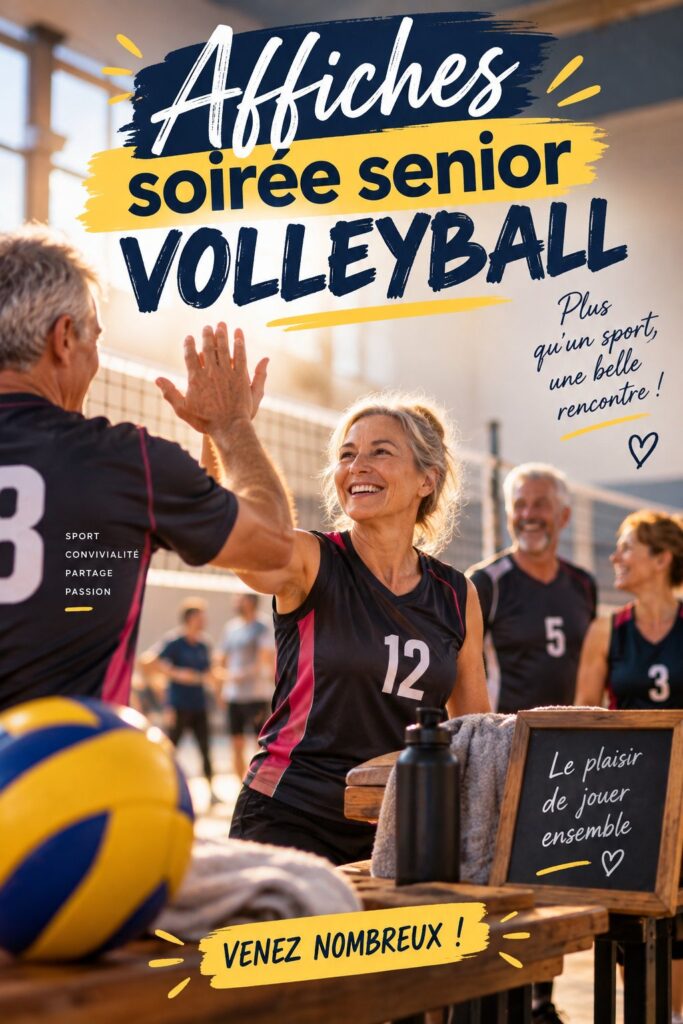 Affiche colorée pour une soirée volley-ball seniors, ambiance festive