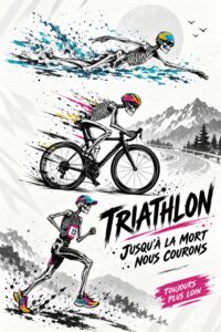 Poster inspirant sur le triathlon, montrant un skelétone triathlète en action