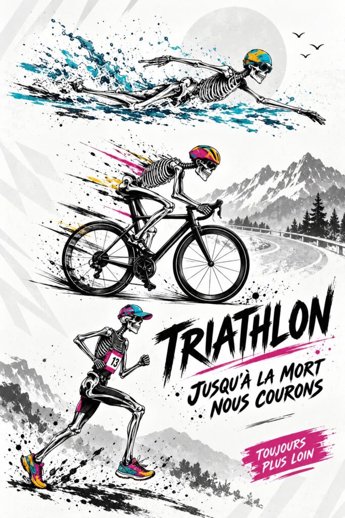 Poster inspirant sur le triathlon, montrant un skelétone triathlète en action