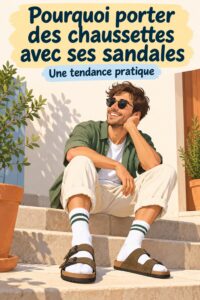 Femme portant des sandales avec des chaussettes colorées, illustrant la tendance actuelle.