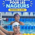 Une nageuse en pleine préparation avec des aliments sains avant une compétition de natation.