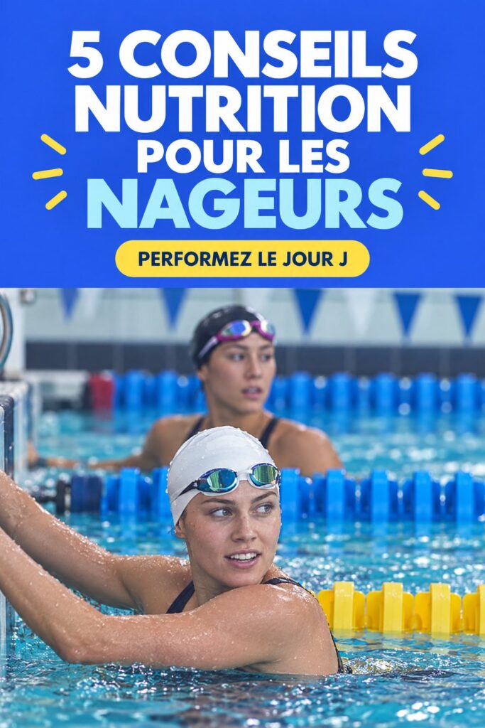 Une nageuse en pleine préparation avec des aliments sains avant une compétition de natation.