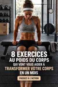 Une femme effectue un exercice de squat au poids du corps dans son salon, illustrant un entraînement à domicile efficace.