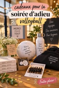 Un groupe de femmes célébrant une soirée d'adieu autour du volleyball, avec des cadeaux et des souvenirs.