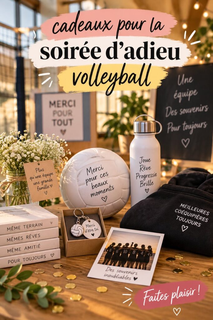 Un groupe de femmes célébrant une soirée d'adieu autour du volleyball, avec des cadeaux et des souvenirs.