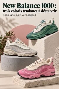 Nouvelles couleurs des New Balance 1000 : Rose, Moonrock et Mallard Green sur un fond dynamique