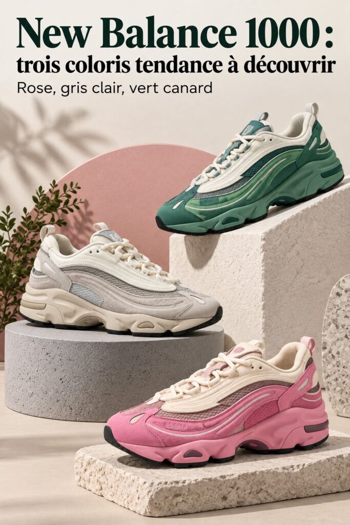 Nouvelles couleurs des New Balance 1000 : Rose, Moonrock et Mallard Green sur un fond dynamique
