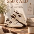 Paire de New Balance 550 en couleur neutre sur un fond blanc, mettant en avant leur style moderne.