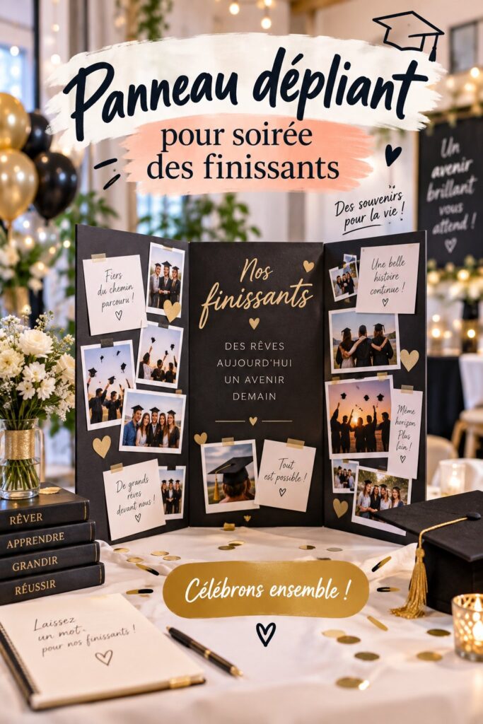 Panneau dépliant coloré pour une soirée des finissants, décoratif et pratique.